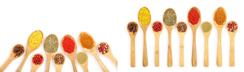 mix of spices in wooden spoon isolated on a white background with copy space for your text.. Top view. Flat lay. Set or collection