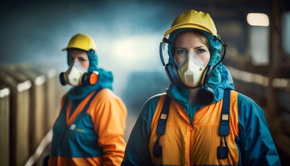 People wearing personal protective equipment or PPE with spraying disinfectant for protection pandemic of disease in cattle farm, Generative AI