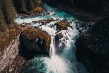 Fototapeta na wymiar Drone shot of a beautiful waterfall in switzerland, generative AI