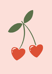 Cute Heart-Shaped Cherries on Pink Background. Simple Hand Drawn Vector Illustration Perfect  For Poster, Card, Invitation, T-shirt Print, Playroom Wall Hanging Or Valentine’s Day Greeting Card.