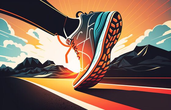 Running For A Healthy Life. Close Up Of Shoes, Running Athlete Legs Running On The Road At Sunset. AI Generated Vector Illustration.