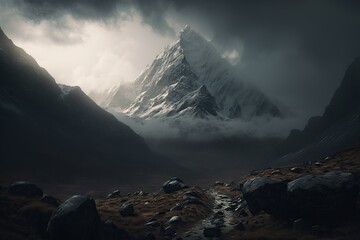 Nepal Mountain ascent with a slight fog in the air, generative AI