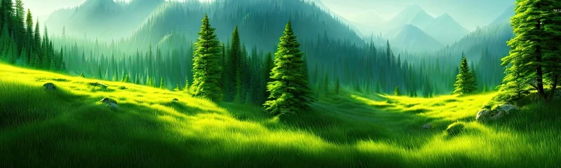 Gordijnen Panoramic view of big mountains, beautiful green meadows with coniferous trees. Flat cartoon landscape with nature. Summer spring landscape. Travel posters. Natural park forest outdoor background © Павел Кишиков