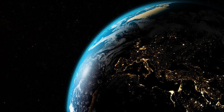 le continent Europ&eacute;en et le nord de l'Afrique vus depuis l'espace de nuit - rendu 3D  - textures fournies par la nasa