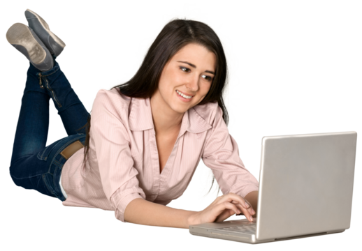 Friendly Young Woman Lying Down and Typing on a Laptop - Isolated