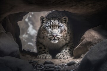 Naklejka na ściany i meble Snow Leopard sitting in a Cave, generative AI