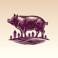 Hand drawn Pig illustration with stilyzed trees in the background. Vintage woodcut engraving style vector illustration.