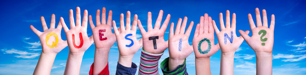 Children Hands Building Word Question, Blue Sky