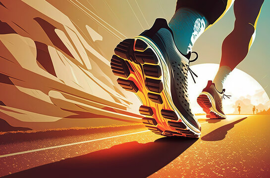 Running For A Healthy Life. Close Up Of Shoes, Running Athlete Legs Running On The Road At Sunset. AI Generated Vector Illustration.