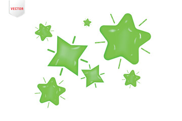 Set of bright green stars of different shapes. Five star glossy color. Realistic 3d design cartoon style. vector illustration