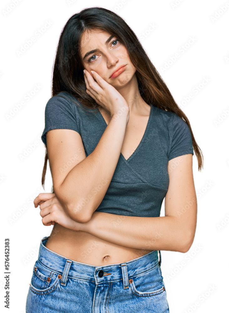 Canvas Prints Young beautiful teen girl wearing casual crop top t shirt thinking looking tired and bored with depression problems with crossed arms.