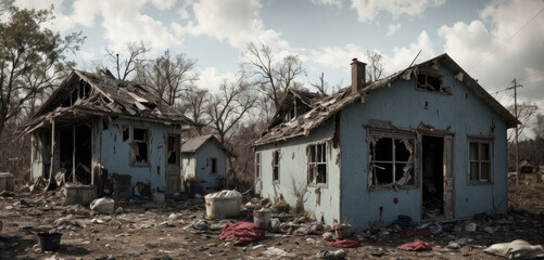 Village houses destroyed in war, Generative AI