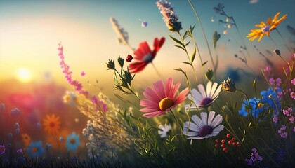 Colorful flowers in a field illustration created using Generative AI.
