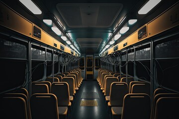 Fototapeta premium dark interior of bus depot with rows of empty passenger compartments, created with generative ai