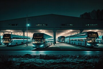 large bus depot illuminated by streetlights with many parked buses, created with generative ai