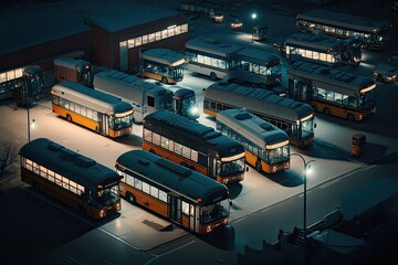 large bus depot illuminated by streetlights with many parked buses, created with generative ai