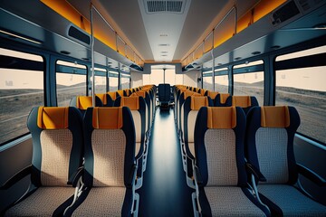 Fototapeta premium interior of modern bus with comfortable chairs and roomy luggage compartments bus depot, created with generative ai