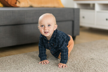 Fototapeta premium Nursery baby boy crawling on floor indoors at home copy space and empty space for text - Baby curiosity and child development stages