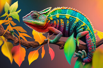 chameleon on a tree - obrazy, fototapety, plakaty