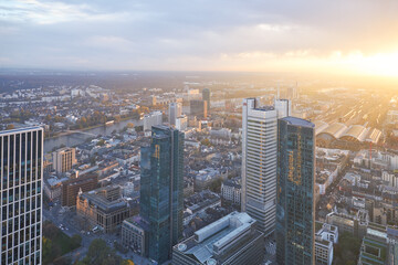 Aerial view at sunset of the city of Frankfurt in Germany.