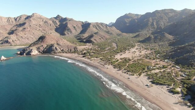 Aerial above small remote beach town of Agua Verde in Baja Sur, Mexico on Sea of Cortez