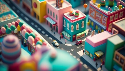 Miniature Candy Town. Post-produced generative AI digital illustration.