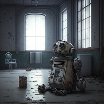 Lonely, abandoned robot in a mental institution. Loneliness and depression concept. Generative AI