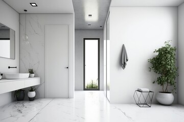 interior of a modern white bathroom at house. bright sun light from windows, generative ai. Epic old luxury, tall windows ceilings timeless architecture style, 3D rendered room