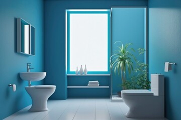 Obraz na płótnie Canvas interior of a modern blue bathroom with plant. bright sun light from windows, generative ai. Epic old luxury, tall ceilings timeless architecture style, 3D rendered room