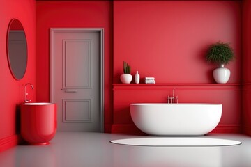 Obraz na płótnie Canvas interior of a modern red bathroom at house. bright sun light from windows, generative ai. Epic old luxury, tall ceilings timeless architecture style, 3D rendered room