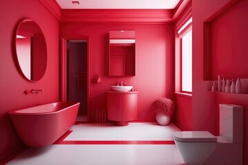 Fototapeta na wymiar interior of a modern red bathroom at house. bright sun light from windows, generative ai. Epic old luxury, tall ceilings timeless architecture style, 3D rendered room