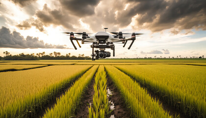 Fototapeta premium Drone over Rice Field. Post-produced generative AI digital illustration.