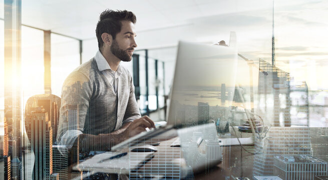 The city will be redesigned by him. Multiple exposure shot of a young businessman working in an office superimposed over a cityscape.