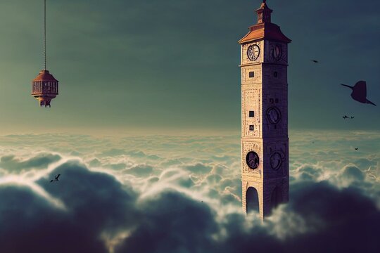 a clock tower floating in the air surrounded by clouds and trees in the sky with a bird flying above. Generative AI