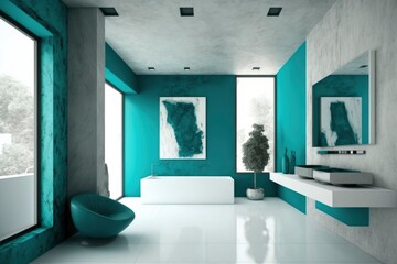 Fototapeta na wymiar interior of a modern blue bathroom at house. bright sun light from windows, generative ai. Epic old luxury, tall ceilings timeless architecture style, 3D rendered room