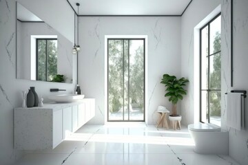 interior of a modern white bathroom at house. bright sun light from windows, generative ai. Epic old luxury, tall ceilings timeless architecture style, 3D rendered room