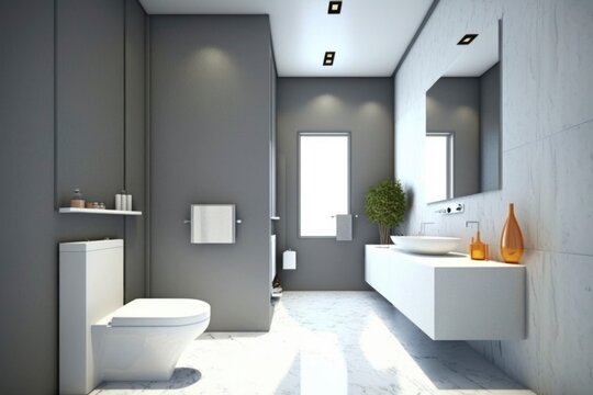 interior of a modern white bathroom at house. bright sun light from windows, generative ai. Epic old luxury, tall ceilings timeless architecture style, 3D rendered room