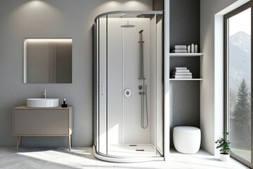 interior of a modern bathroom with shower cabin. bright sun light from windows, generative ai. Epic old luxury, tall ceilings timeless architecture style, 3D rendered room