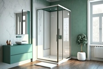 interior of a modern bathroom with shower cabin. bright sun light from windows, generative ai. Epic old luxury, tall ceilings timeless architecture style, 3D rendered room