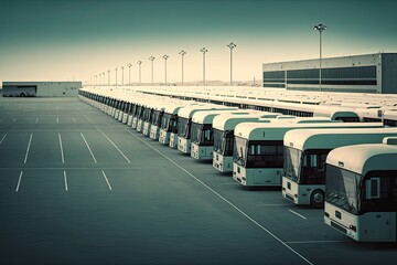 large bus depot with long row of parked buses, created with generative ai