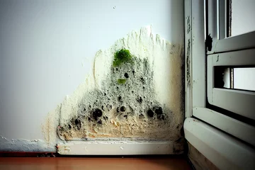 Poster Dangerous Molds Lurking in Apartment Walls - Wet and Toxic Mildew Put Health at Risk. Generative AI © AIGen