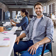 Confidence, smile and portrait of man at desk with laptop and woman at creative agency working on project together. Leadership, collaboration and happy employees or business people at design startup. - obrazy, fototapety, plakaty