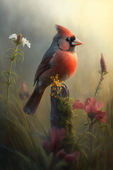 Male Northern Cardinal in a Flower field .AI generated Illustration. - 576455780