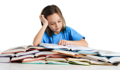 Girl student study with many books