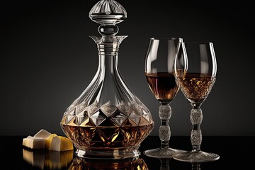 Fototapeta na wymiar crystal wine glass and decanter with wine for elegant dinner, created with generative ai