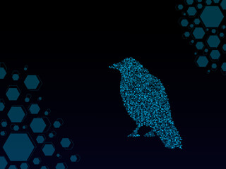 silhouette of a raven bird in blue, made from low poly hexagons with a hologram glitch effect
