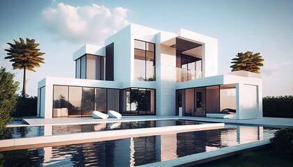 Fototapeta na wymiar Wealthy Property: A Luxurious Modern and Minimalist Contemporary Villa with a Pool, Deck and Sea View: Generative AI