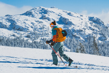 Mountaineer backcountry ski walking ski alpinist in the mountains. Ski touring in alpine landscape with snowy trees. Adventure winter sport. Kralova hola, Slovakia © Zedspider