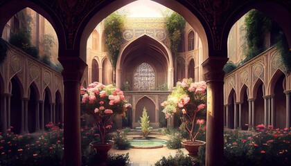 Exploring the Timeless Beauty of Persian Architecture: A Journey Inside the Historic Mosques and Palaces of Isfahan, Illuminated by Vibrant Rose Gardens: Generative AI - obrazy, fototapety, plakaty