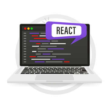 A programming language react. React language software coding development website design. React programming code technology banner. Software, web development. Vector illustration